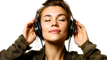 Young Woman Wearing Headphones Enjoying Music With Eyes Closed, cut out transparent
