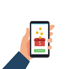 Hand holding smartphone online donation with gold coin, donation box and donate button on smartphone screen, Donation money for charity online. vector illustration