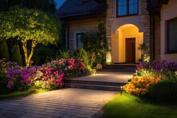 Obraz premium Modern garden landscape with vibrant flowers and elegant lighting at a home entrance during a tranquil night