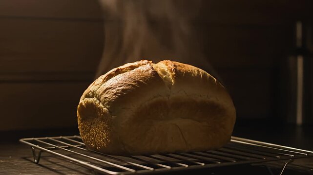 Hot Steaming Freshly Baked Bread Cooling on a Wire Rack Homemade Loaf