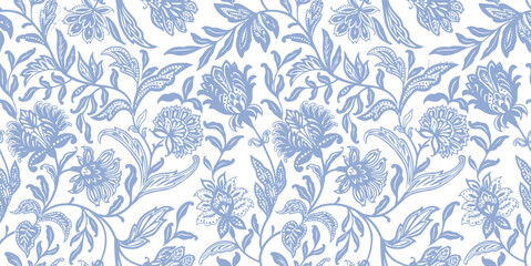 Classic seamless floral pattern in hand-drawn style featuring botanical flowers and leaves in blue monochrome. Perfect for luxury textiles, wallpaper, packaging, stationery, and fashion prints.