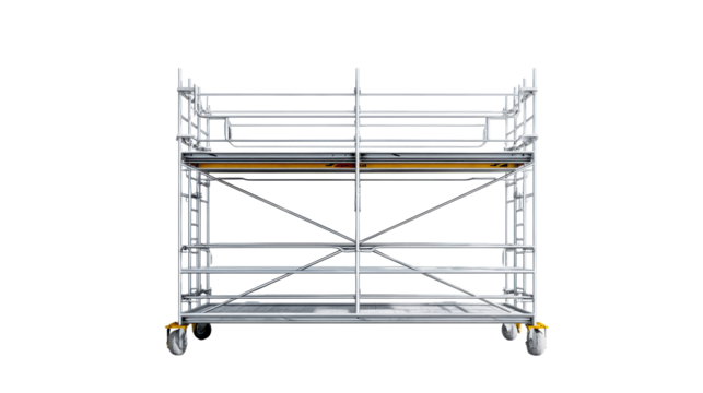 Metal Mobile Scaffolding Tower with Yellow Accents on Wheels, cut out transparent