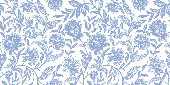 Classic seamless floral pattern in hand-drawn style featuring botanical flowers and leaves in blue monochrome. Perfect for luxury textiles, wallpaper, packaging, stationery, and fashion prints.