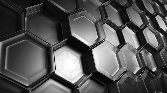 Abstract reflective honeycomb structure with a precise geometric pattern. Metallic hexagonal cells catch and mirror light, creating a futuristic, high-tech surface with depth and symmetry.
