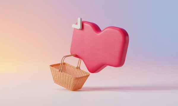 3D Rendered Pink Speech Bubble with Wicker Basket on Pastel Gradient Background