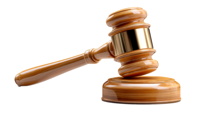 Wooden gavel and sounding block with polished wood grain and metal band, cut out transparent