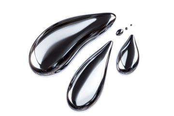 Shiny mercury droplets spread across a reflective surface, exhibiting a futuristic metallic appearance