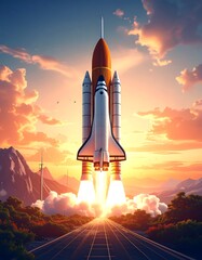 Obraz premium Space shuttle launch at sunrise (1)