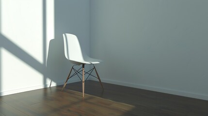 Minimalist Interior Scene with White Modern Chair, Wooden Floor, and Plain White Wall - Clean and Simple Aesthetic