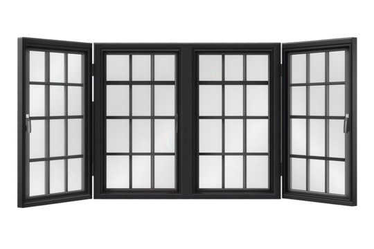 Black framed windows opening to a bright and airy space, showcasing a modern design and inviting natural light for a refreshing atmosphere throughout the day