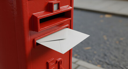 Sending a heartfelt message A crisp white envelope slides into the iconic red British post box, connecting people through traditional mail delivery