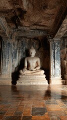 Ancient sculpture of Buddha in serene cave setting