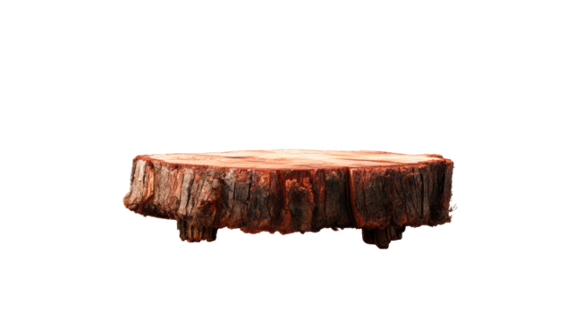 Natural wood slice with rough bark and textured surface, cut out transparent