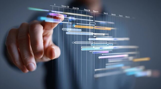 Close-up of a person&rsquo;s hand interacting with a floating holographic Gantt chart, dragging tasks and adjusting timelines, symbolizing digital project management, planning, and workflow control.
