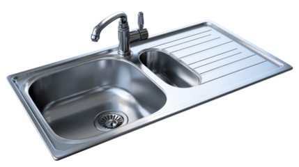 Polished Stainless Steel Double Basin Kitchen Sink with Chrome Faucet, cut out transparent