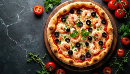 Delicious seafood pizza topped with shrimp, olives, fresh parsley. Presented on wooden board against dark marble background. Culinary delight perfect for Italian food lovers, restaurant promotions.