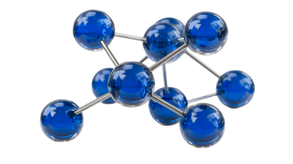 Molecular structure with connected blue spheres and metallic rods on a white background, cut out transparent