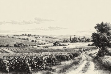 Breathtaking view of rolling vineyards and a charming farm landscape in Europe under a clear sky at late afternoon