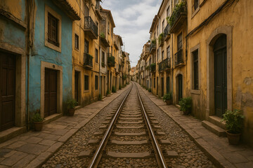 Fototapeta premium AI Generated Image of Historic Tram on Rua da Bica Street in Lisbon, Portugal