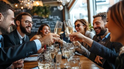 Celebrating with champagne at a restaurant with friends and colleagues