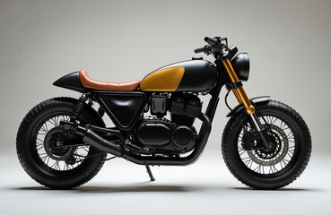 Fototapeta premium Retro custom motorcycle, electric powered. Vintage cafe racer style, modern engineering fusion. Black body, brown, gold forks. Eco-friendly transport, efficient urban mobility. Sleek machine,