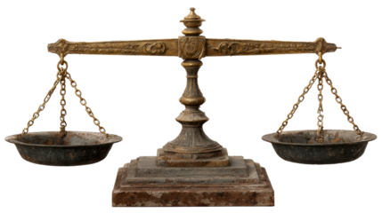 Antique ornate brass balance scale with empty pans on white background, cut out transparent