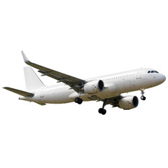 Obraz premium A white passenger airplane in flight isolated on transparent background, ready for landing or takeoff