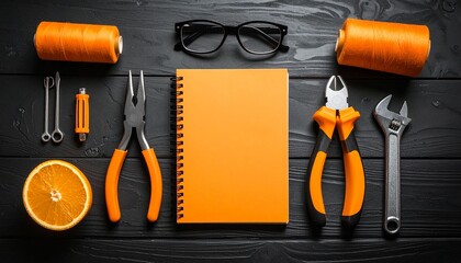 A metal sewing kit with black and yellow tools, including a needle and thimble, is isolated on a white background