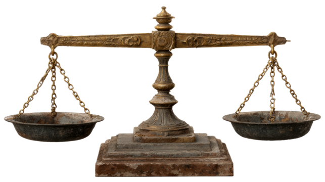 Antique ornate brass balance scale with empty pans on white background, cut out transparent - Powered by Adobe