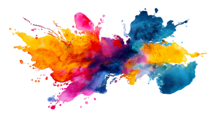 Vibrant abstract watercolor splashes in yellow, pink, blue, and orange on white, cut out transparent