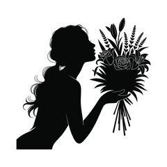 Elegant Woman Silhouette Illustration with Floral Bouquet, Profile View, Artistic Design