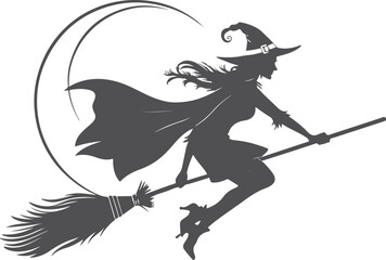 Halloween witch and moon Dark witch holding scythe flying on broomstick spooky Halloween moon  eps vector file. 