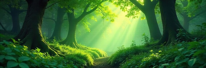 Obraz premium Lush green forest scene, dappled sunlight filtering through leaves, creating a magical, mysterious atmosphere Perfect for fantasy, nature, fairytale backgrounds , dappled, wildlife, summer