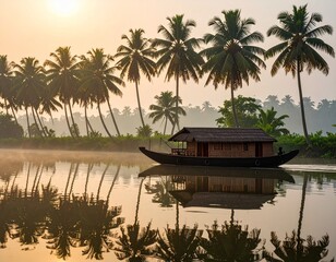 Scenic Alleppey Backwaters, Kerala, India: Houseboat on Calm Waters at Sunrise