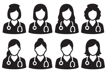 Female nurse avatar icons silhouette set medical staff vector