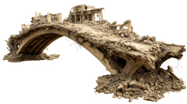 Severely Damaged Concrete Bridge with Arched Structure and Debris, cut out transparent - Powered by Adobe