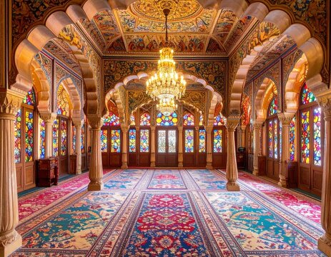 Opulent Interior of the Noor Mahal Palace with Stained Glass Windows and Ornate Decoration