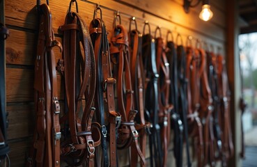 Row of leather horse harnesses arranged on rustic wooden wall. Various bridles, reins made of brown leather neatly organized in secure setting, suggesting equestrian preparation, equipment for riding.