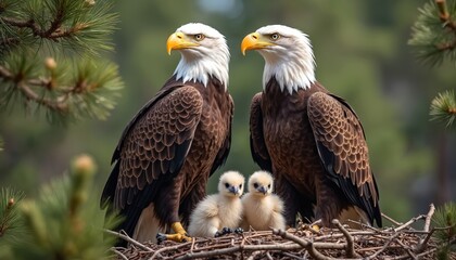 Obraz premium Bald eagles tend to fluffy chicks in nest, set against blurred woodland backdrop. Adult eagles flank young, parental care, wildlife conservation efforts. Sharp focus highlights instinctual protection