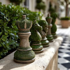 Large outdoor chess pieces in a garden setting, highlighting strategy.
