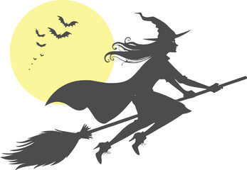 Halloween witch and moon. Halloween witch and bats, vector. Spooky witch raising hand on broomstick with full moon Halloween vector