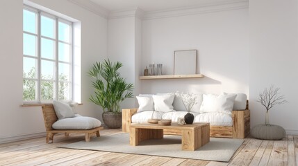 Minimalist Scandinavian living room with white walls, wood furniture, and natural light