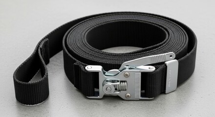 Coiled Black Webbing Belt with Silver Cam Buckle Against Subtle Gray Backdrop