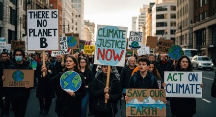 Climate Justice Protest March with Diverse Participants Holding Signs