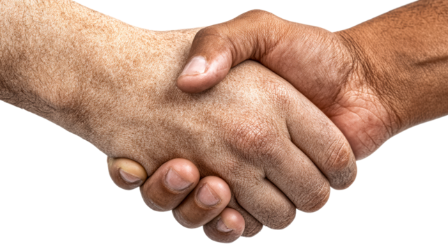 Diverse hands clasped in agreement showing texture and unity, cut out transparent