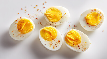 high-protein hard boiled eggs, healthy breakfast and snack concept, clean white background, close-up, fresh and natural, nutritious food, cooking ingredient, diet-friendly meal, vibrant colors