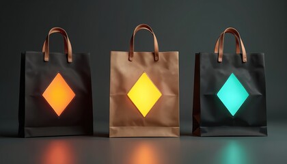 Three paper shopping bags feature leather handles, geometric diamond cutouts. Bags in black, brown showcase illuminated orange, yellow, turquoise shapes. Simple, elegant design suitable for retail,