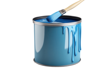 Dripping blue paint from a brush into a metallic can captured in low resolution, showcasing the preparation for a DIY project at a creative workspace