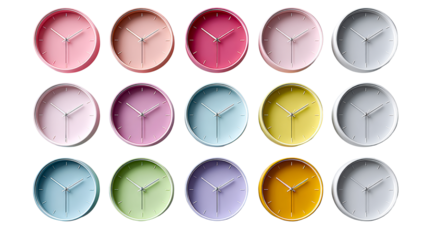 Collection of fifteen circular analog wall clocks in various pastel and bright colors displayed in rows, cut out transparent