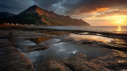 Obraz premium Serene Sunset Over Rocky Shores and Majestic Mountain Reflection